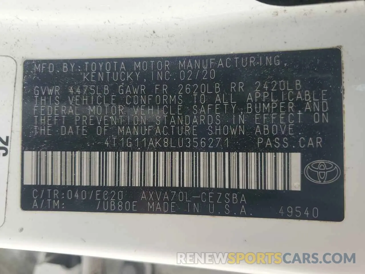13 fotografías del automóvil dañado 4T1G11AK8LU356271 TOYOTA CAMRY 2020
