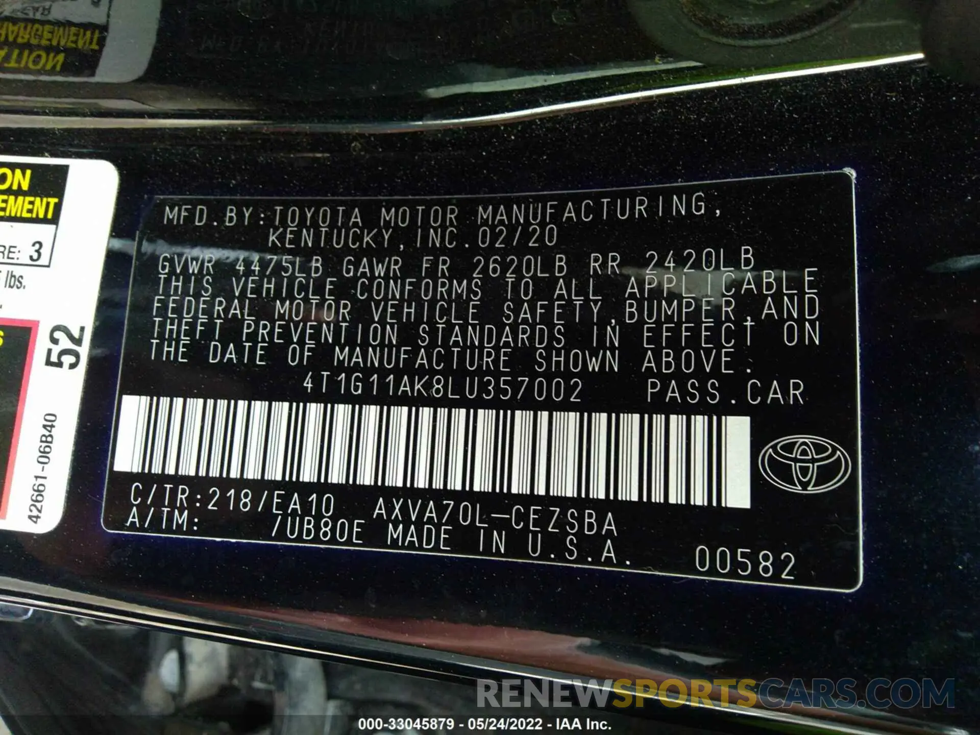 9 fotografías del automóvil dañado 4T1G11AK8LU357002 TOYOTA CAMRY 2020