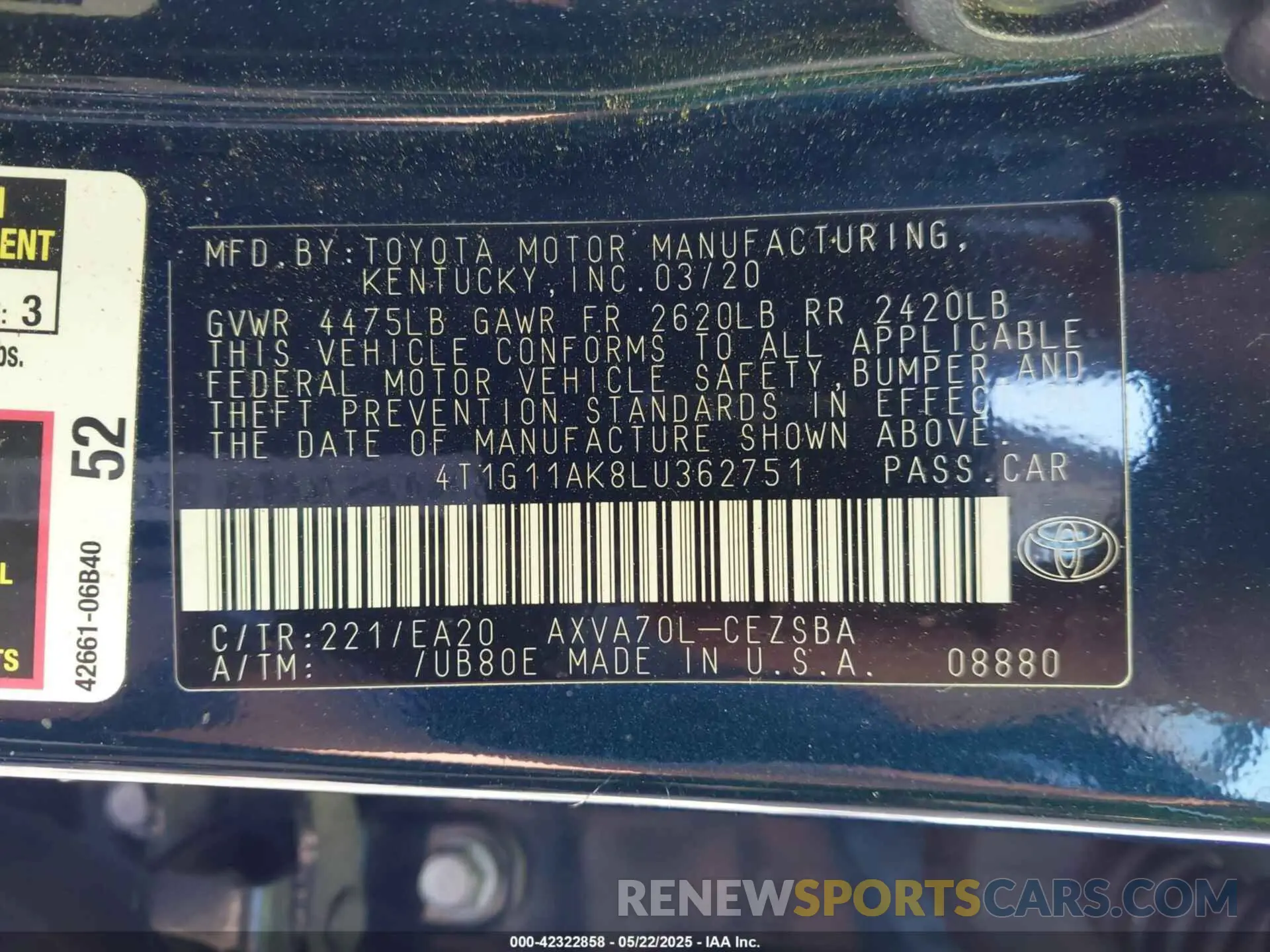 9 fotografías del automóvil dañado 4T1G11AK8LU362751 TOYOTA CAMRY 2020