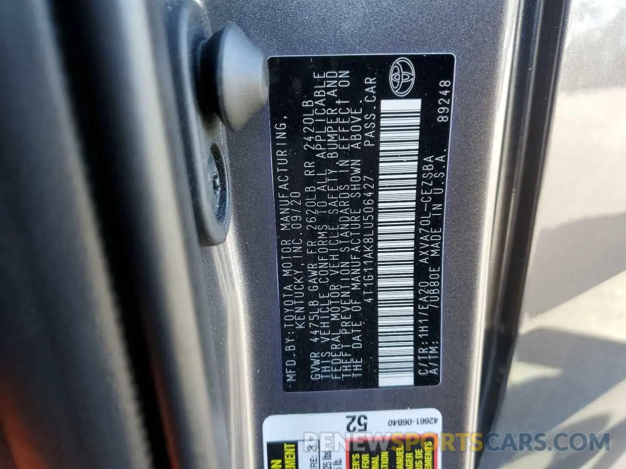 10 fotografías del automóvil dañado 4T1G11AK8LU506427 TOYOTA CAMRY 2020