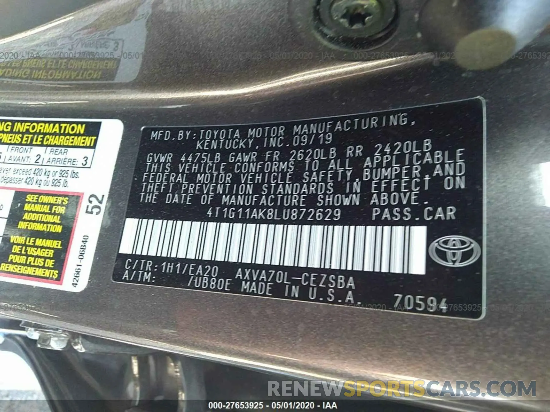 9 fotografías del automóvil dañado 4T1G11AK8LU872629 TOYOTA CAMRY 2020