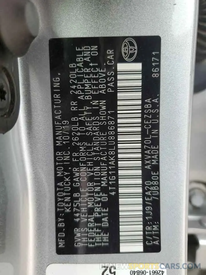 12 fotografías del automóvil dañado 4T1G11AK8LU886871 TOYOTA CAMRY 2020