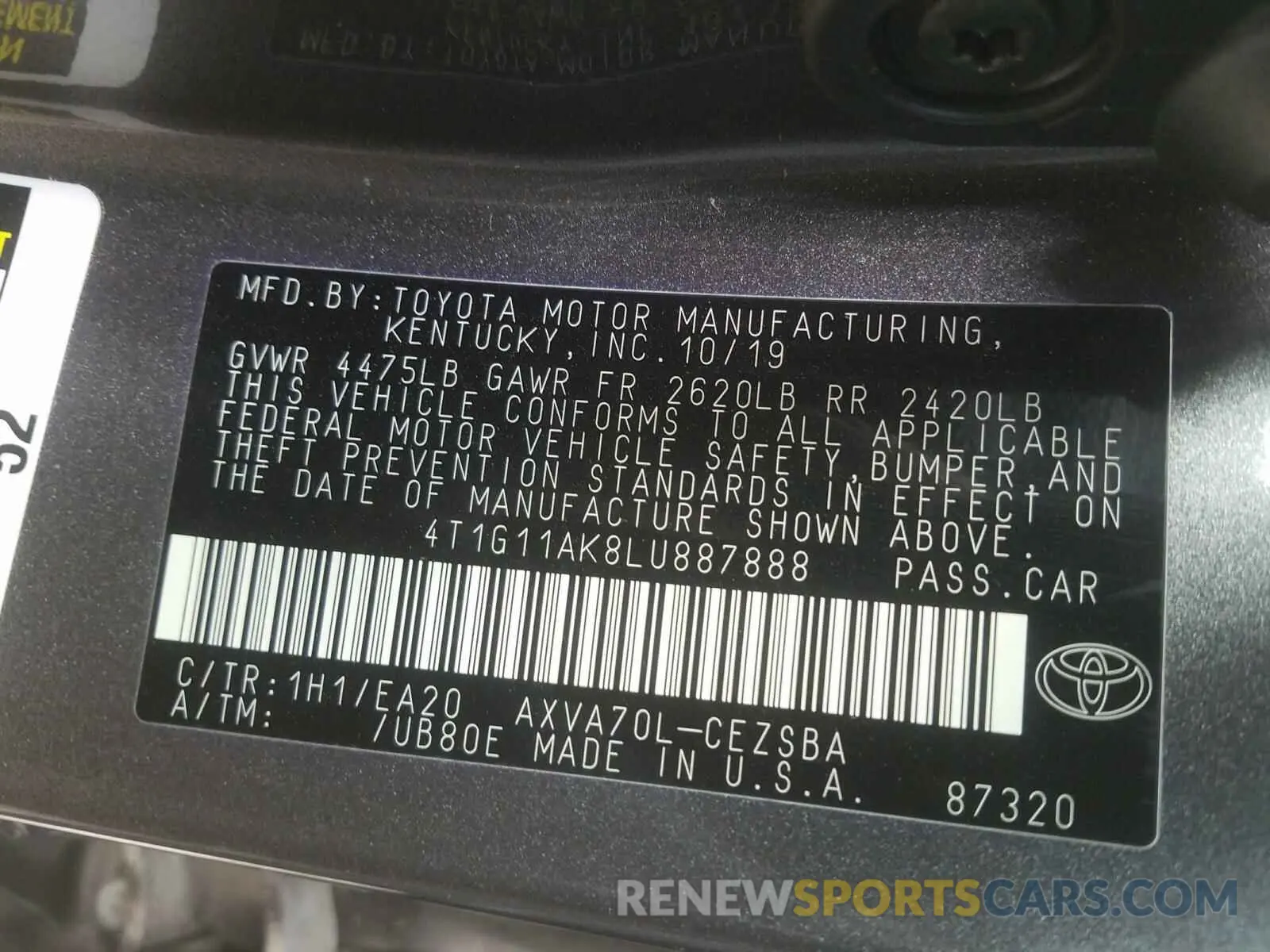 10 fotografías del automóvil dañado 4T1G11AK8LU887888 TOYOTA CAMRY 2020