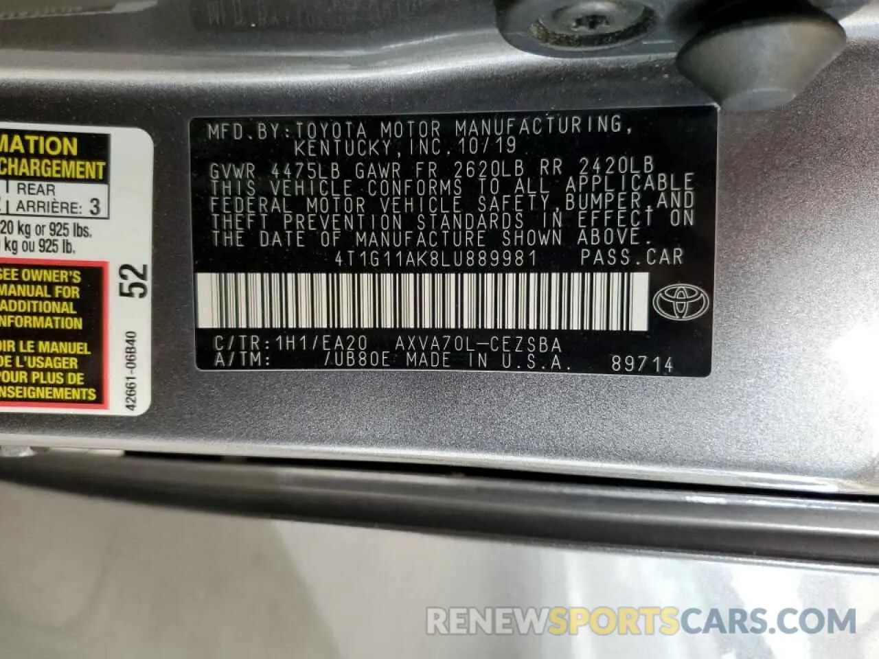 10 fotografías del automóvil dañado 4T1G11AK8LU889981 TOYOTA CAMRY 2020