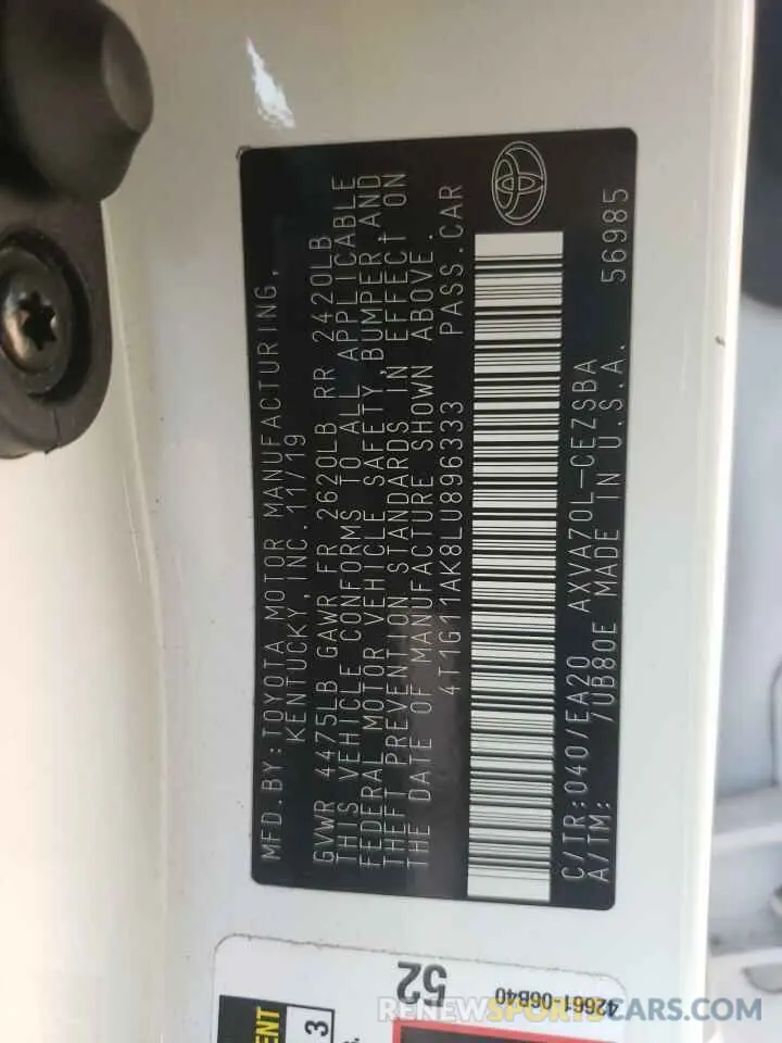 10 fotografías del automóvil dañado 4T1G11AK8LU896333 TOYOTA CAMRY 2020