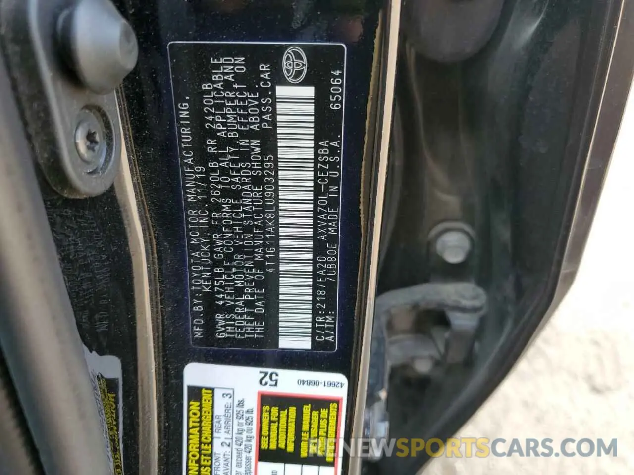 12 fotografías del automóvil dañado 4T1G11AK8LU903295 TOYOTA CAMRY 2020
