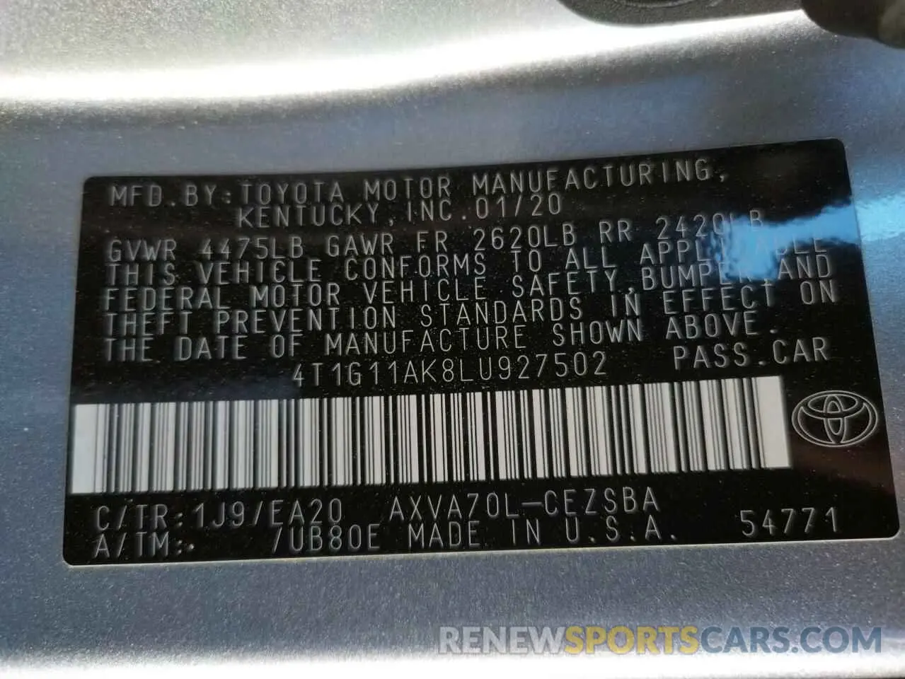 10 fotografías del automóvil dañado 4T1G11AK8LU927502 TOYOTA CAMRY 2020