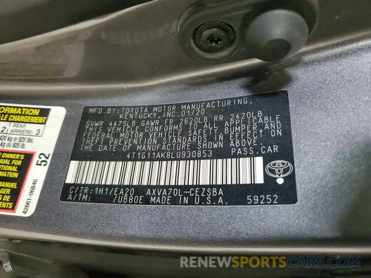 12 fotografías del automóvil dañado 4T1G11AK8LU930853 TOYOTA CAMRY 2020