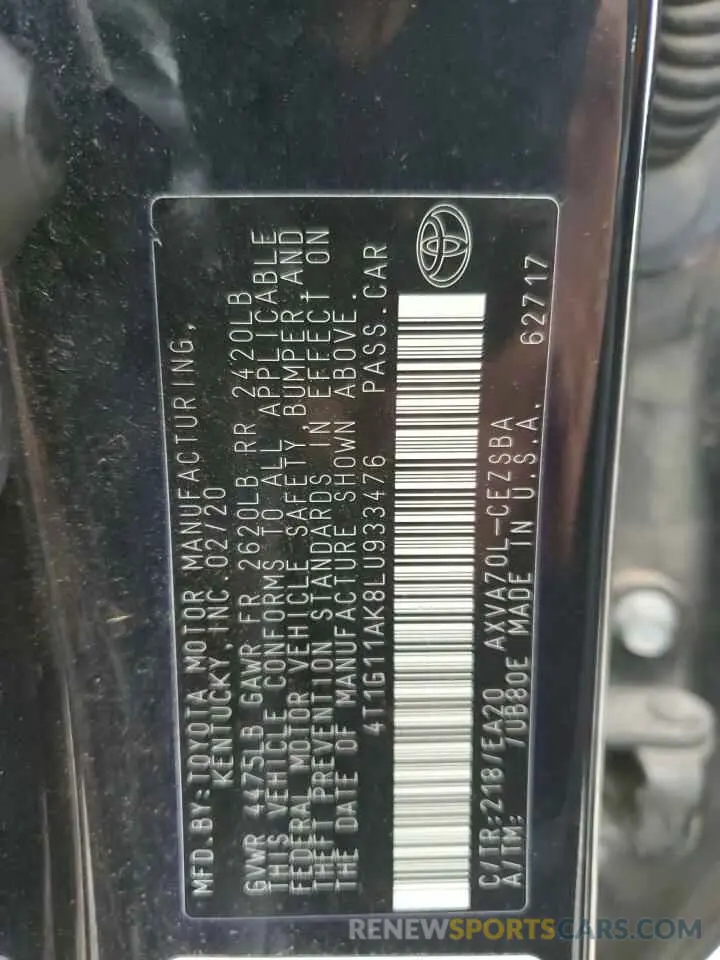 13 fotografías del automóvil dañado 4T1G11AK8LU933476 TOYOTA CAMRY 2020