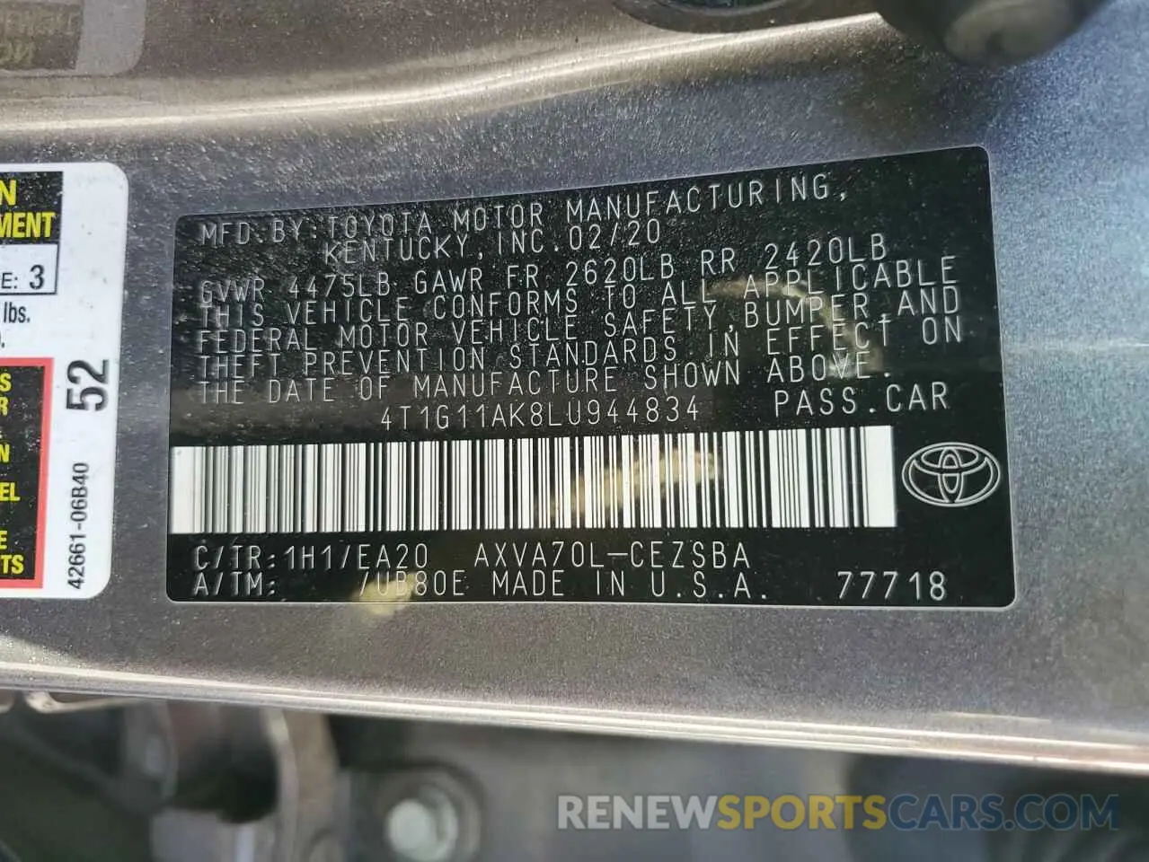 13 fotografías del automóvil dañado 4T1G11AK8LU944834 TOYOTA CAMRY 2020