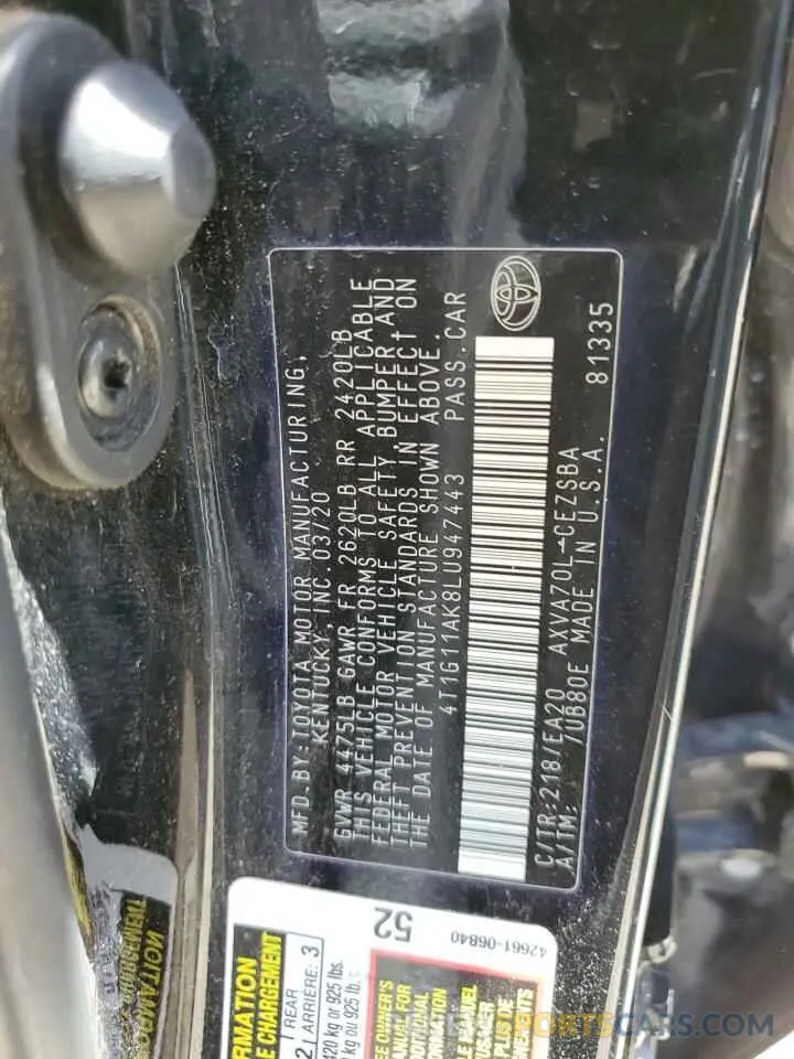 13 fotografías del automóvil dañado 4T1G11AK8LU947443 TOYOTA CAMRY 2020