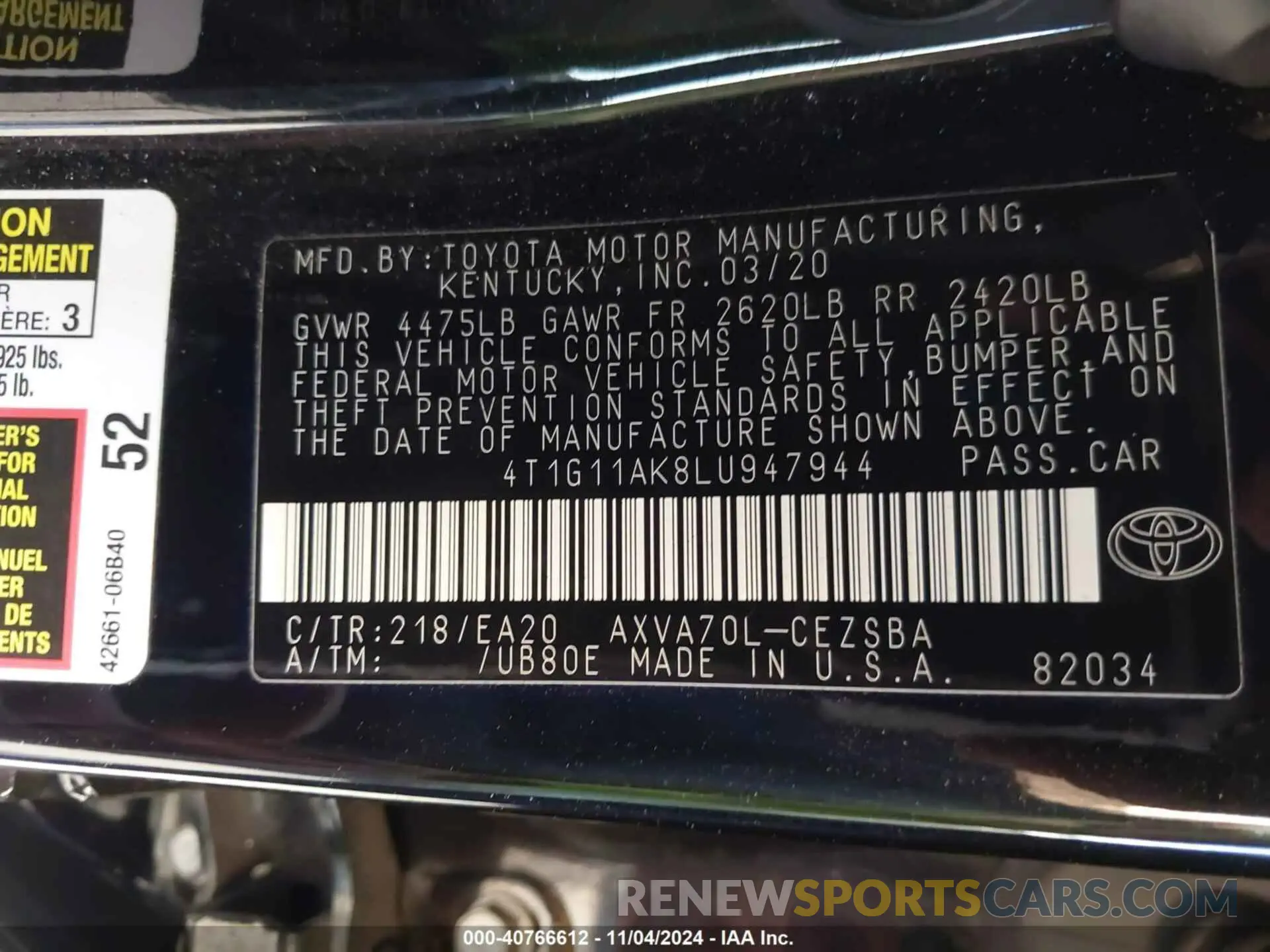 9 fotografías del automóvil dañado 4T1G11AK8LU947944 TOYOTA CAMRY 2020