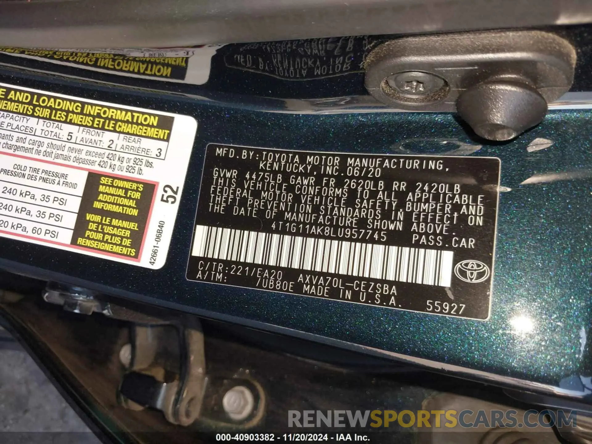 9 fotografías del automóvil dañado 4T1G11AK8LU957745 TOYOTA CAMRY 2020