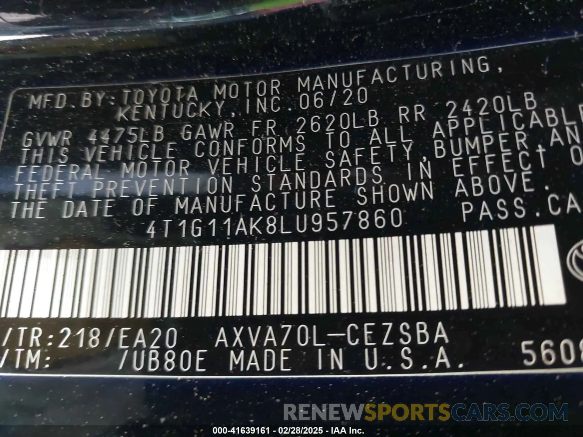 9 fotografías del automóvil dañado 4T1G11AK8LU957860 TOYOTA CAMRY 2020