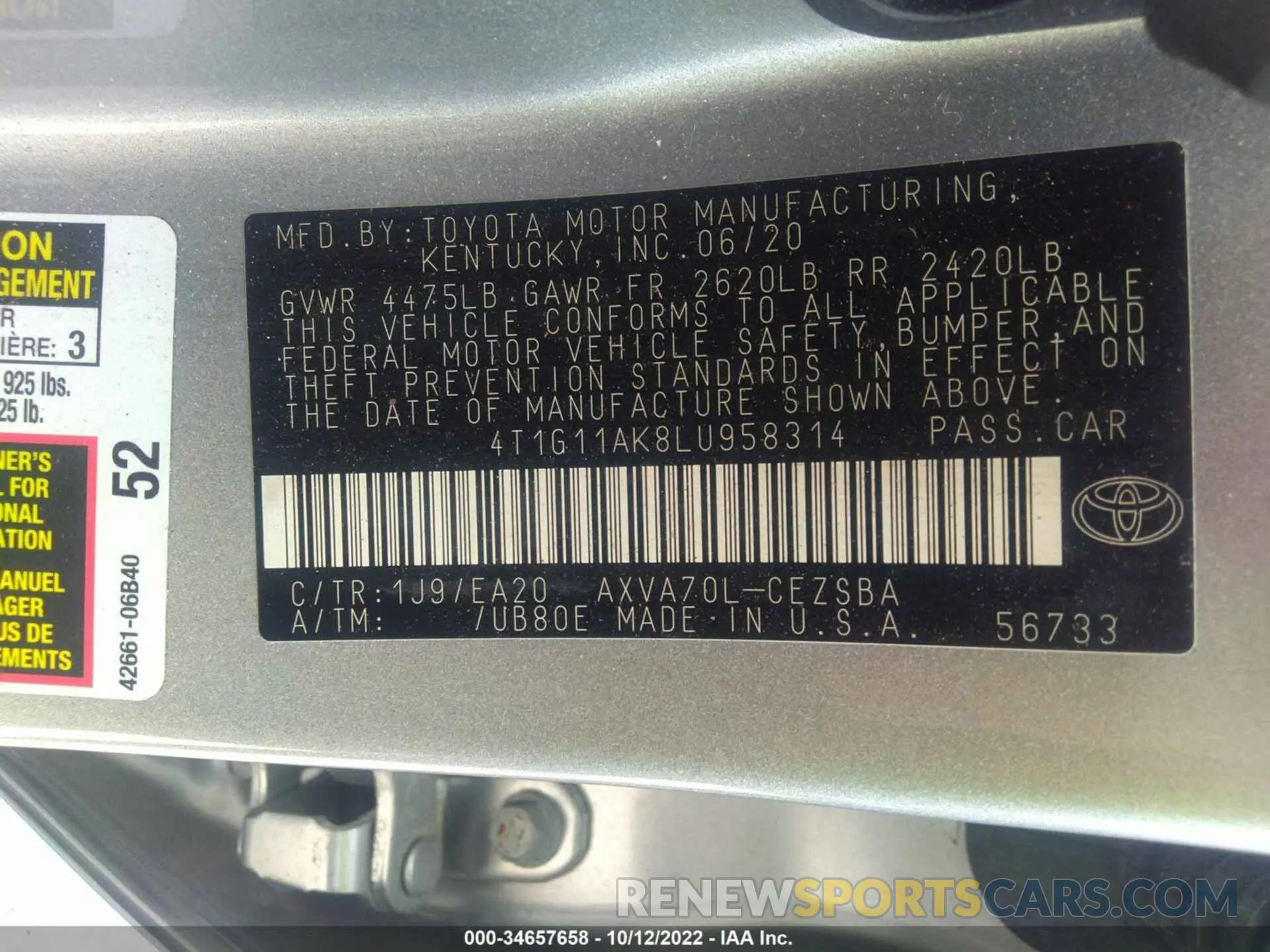 9 fotografías del automóvil dañado 4T1G11AK8LU958314 TOYOTA CAMRY 2020