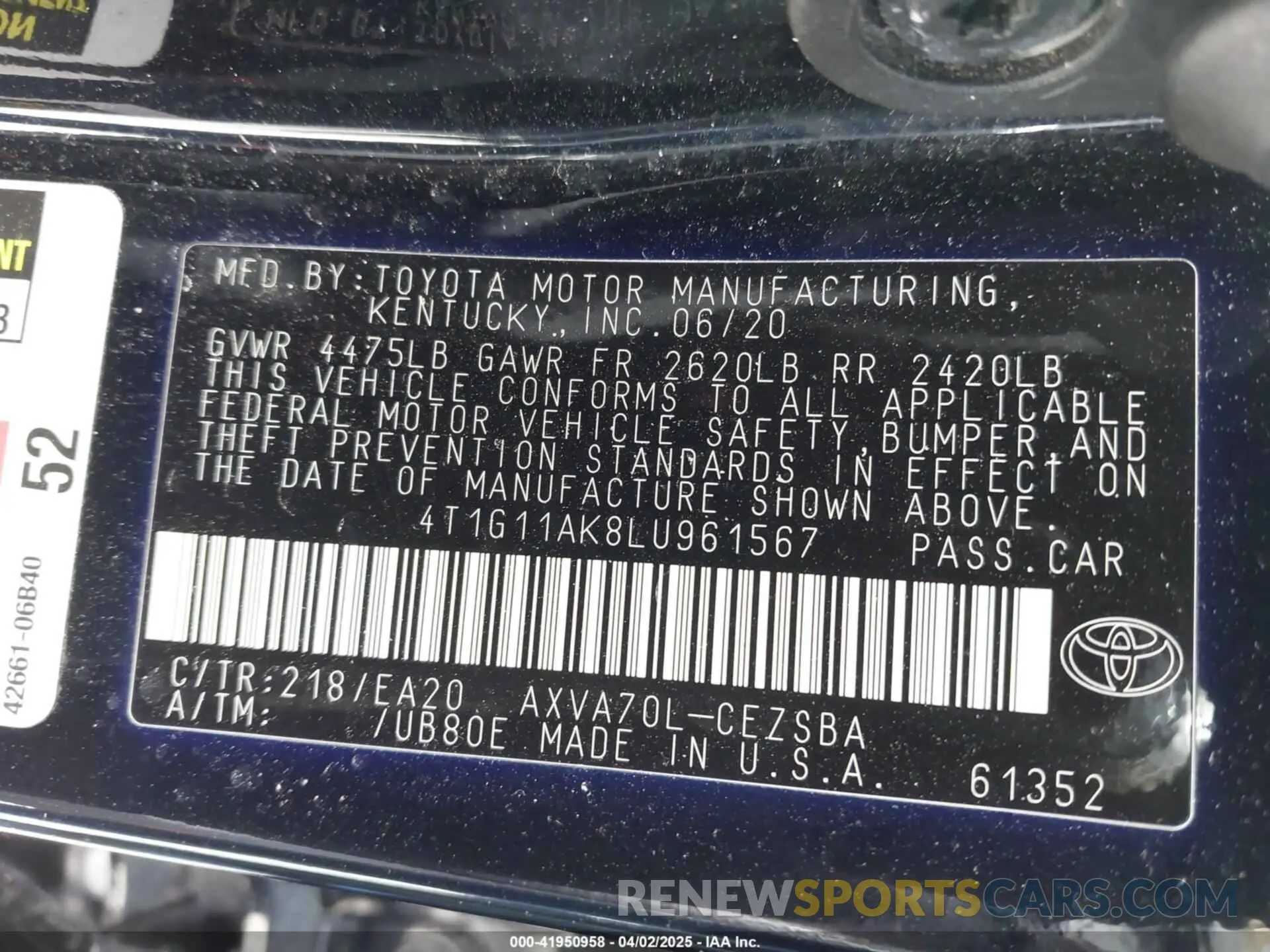 9 fotografías del automóvil dañado 4T1G11AK8LU961567 TOYOTA CAMRY 2020