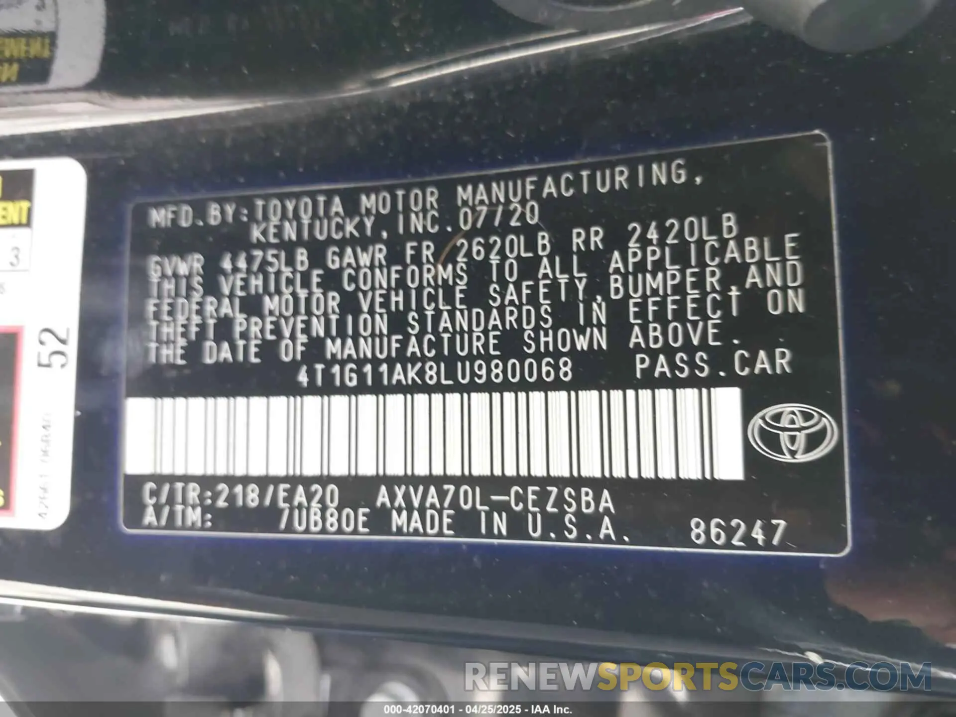 9 fotografías del automóvil dañado 4T1G11AK8LU980068 TOYOTA CAMRY 2020