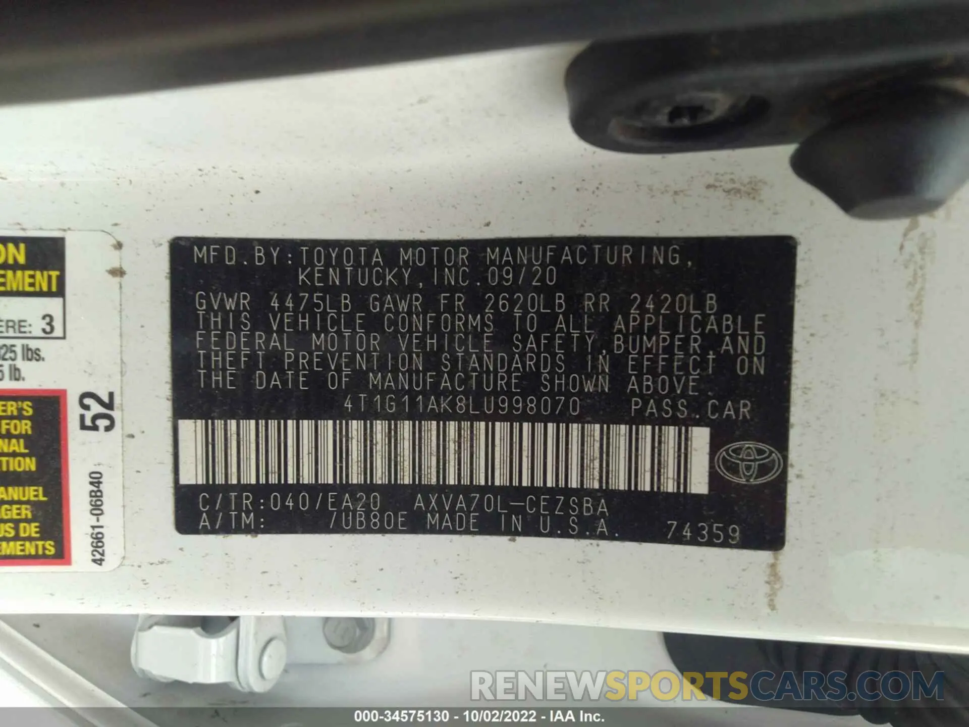 9 fotografías del automóvil dañado 4T1G11AK8LU998070 TOYOTA CAMRY 2020