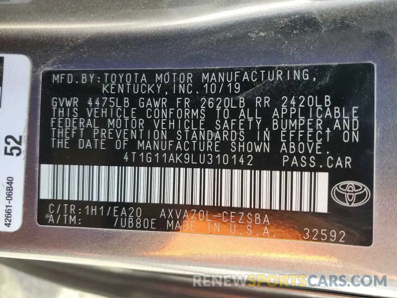 13 fotografías del automóvil dañado 4T1G11AK9LU310142 TOYOTA CAMRY 2020