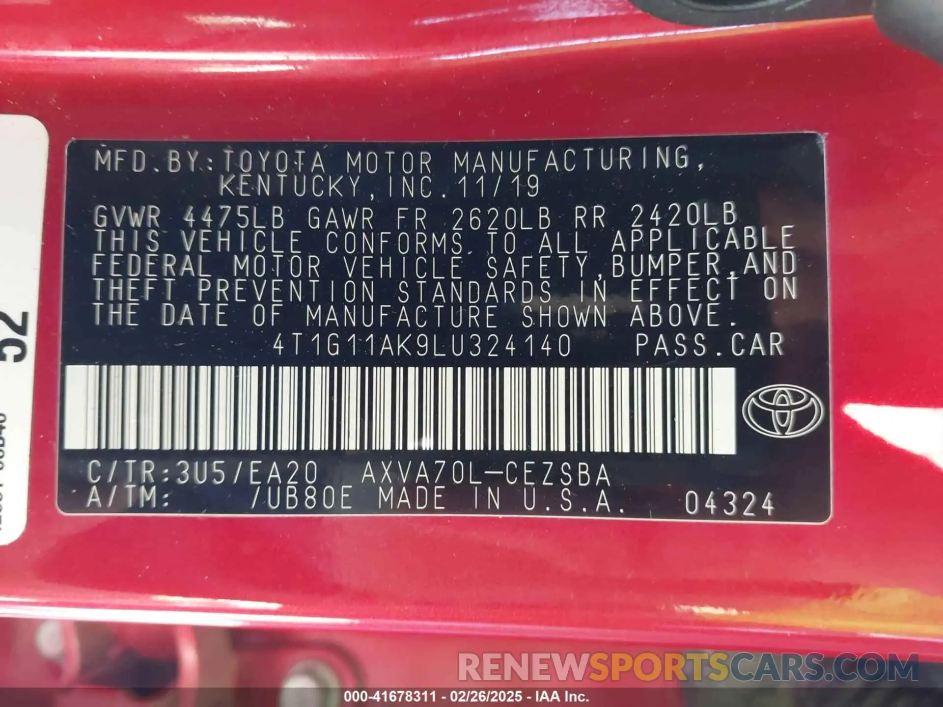 9 fotografías del automóvil dañado 4T1G11AK9LU324140 TOYOTA CAMRY 2020