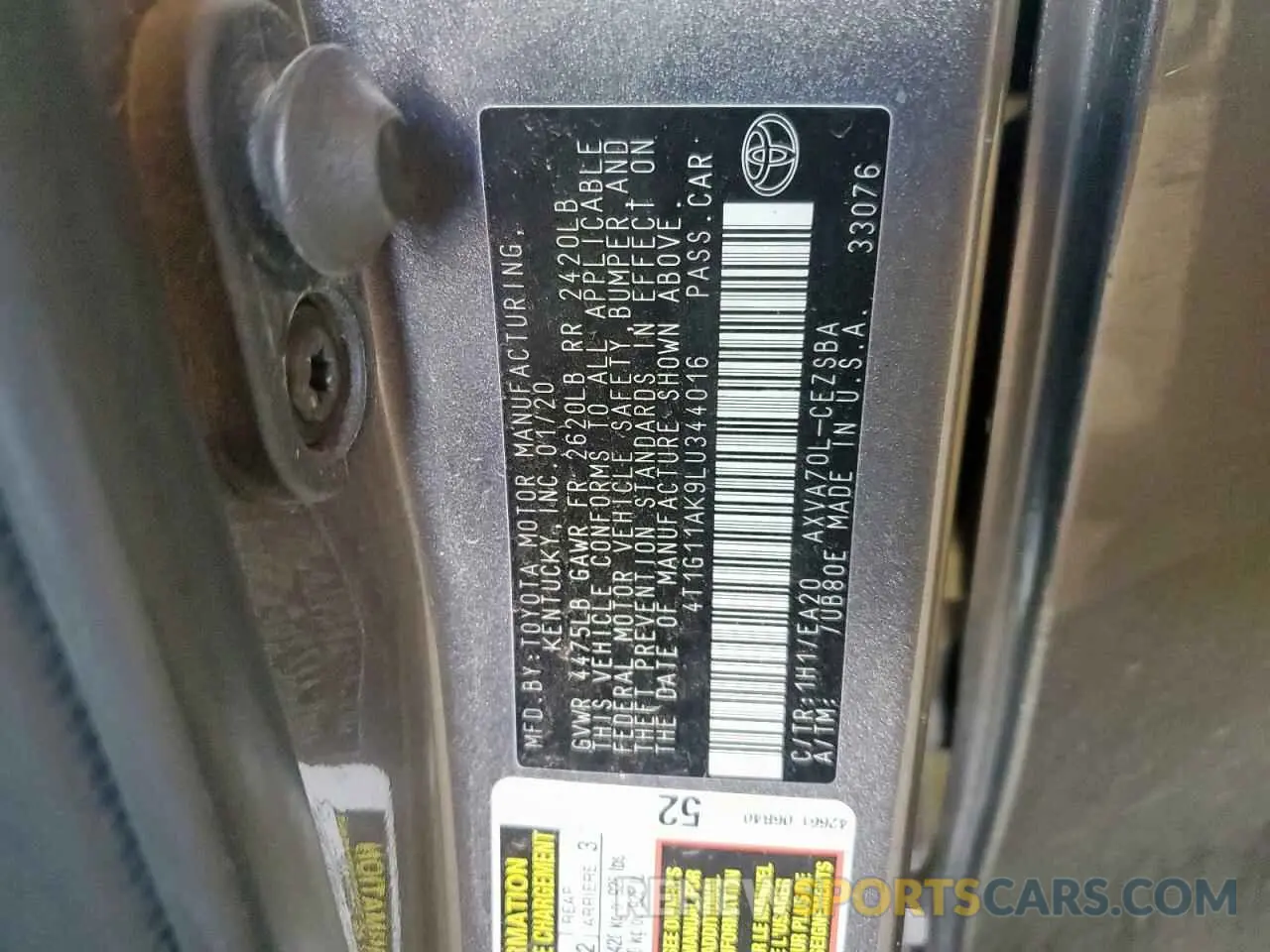 13 fotografías del automóvil dañado 4T1G11AK9LU344016 TOYOTA CAMRY 2020