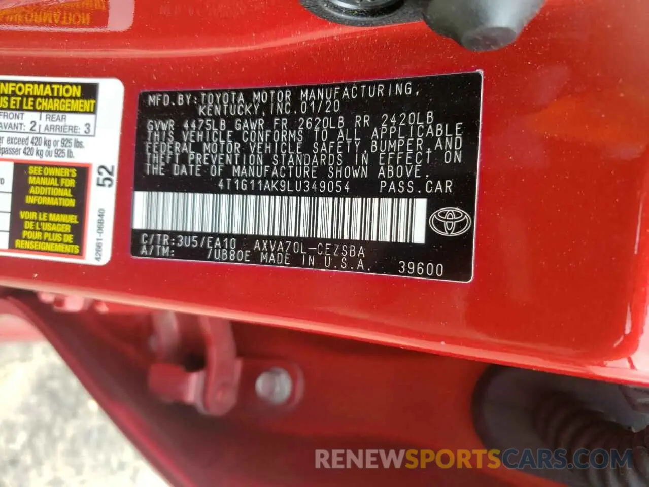 10 fotografías del automóvil dañado 4T1G11AK9LU349054 TOYOTA CAMRY 2020