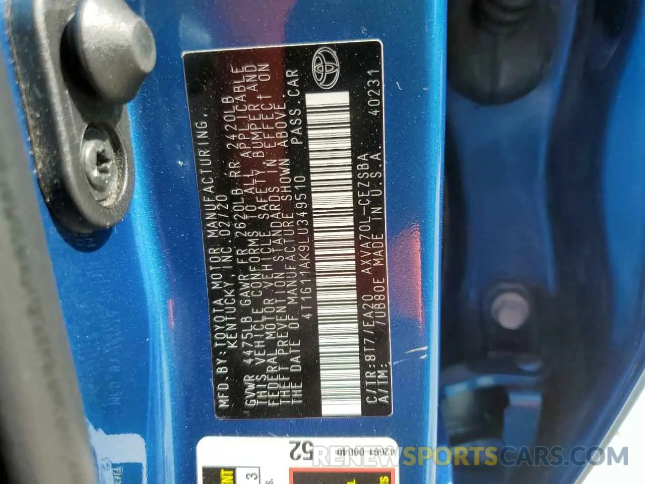 13 fotografías del automóvil dañado 4T1G11AK9LU349510 TOYOTA CAMRY 2020