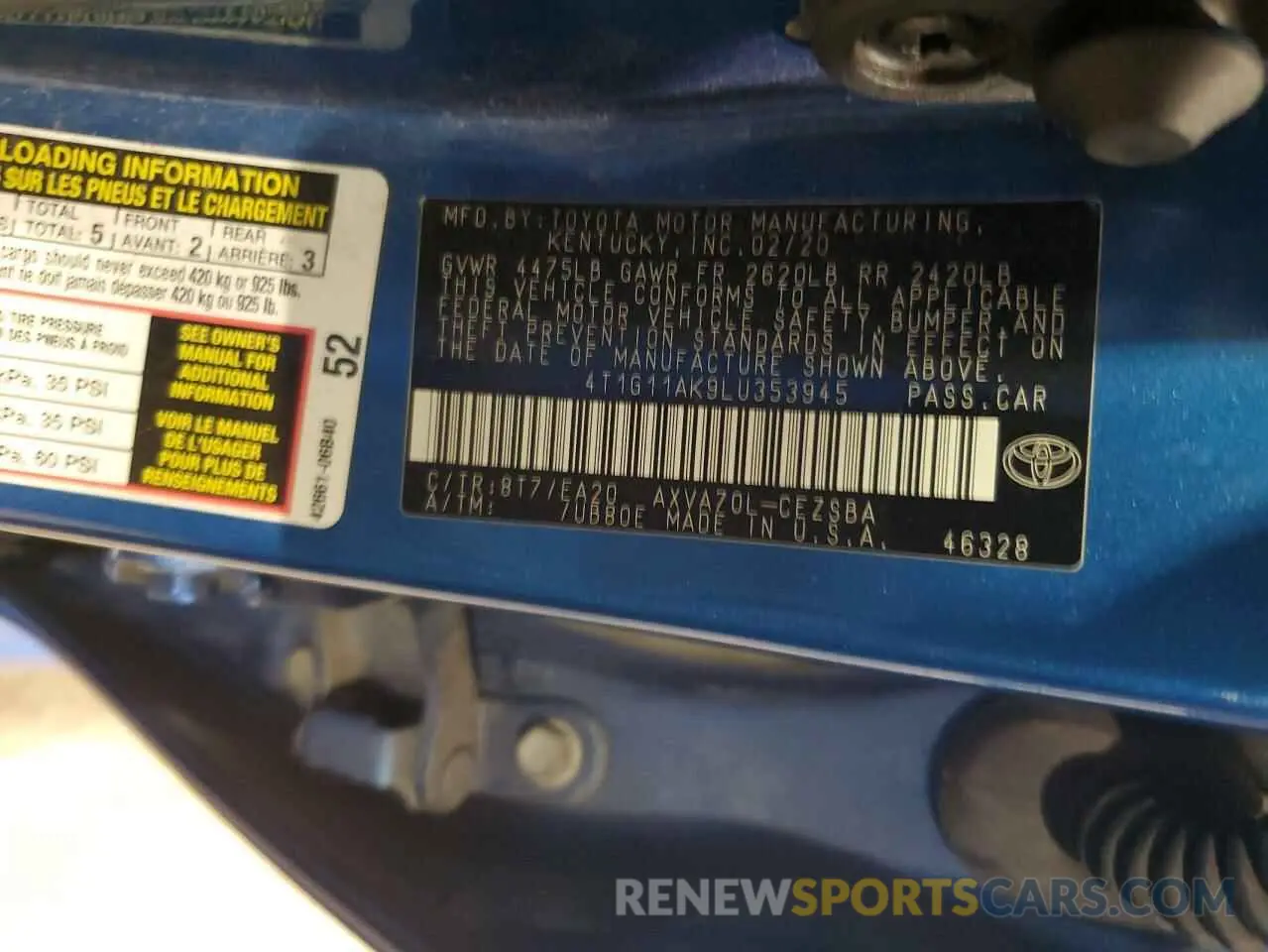 14 fotografías del automóvil dañado 4T1G11AK9LU353945 TOYOTA CAMRY 2020