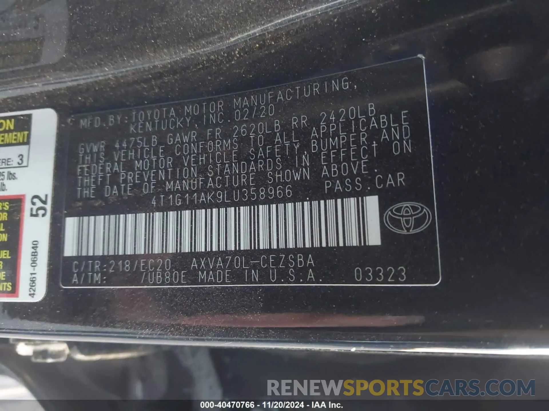 9 fotografías del automóvil dañado 4T1G11AK9LU358966 TOYOTA CAMRY 2020