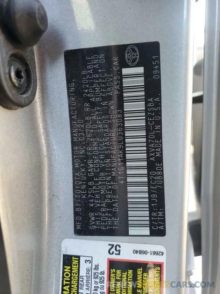 12 fotografías del automóvil dañado 4T1G11AK9LU363083 TOYOTA CAMRY 2020