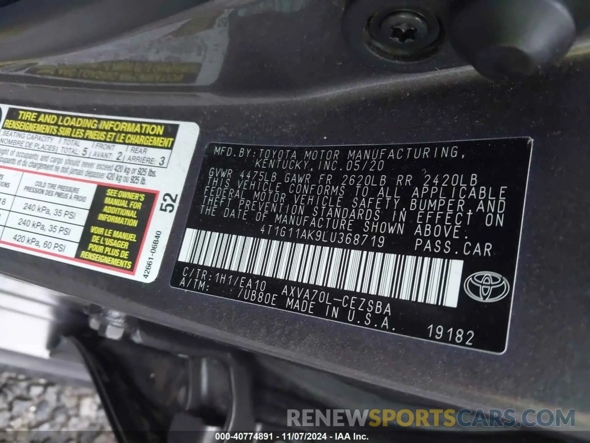 9 fotografías del automóvil dañado 4T1G11AK9LU368719 TOYOTA CAMRY 2020