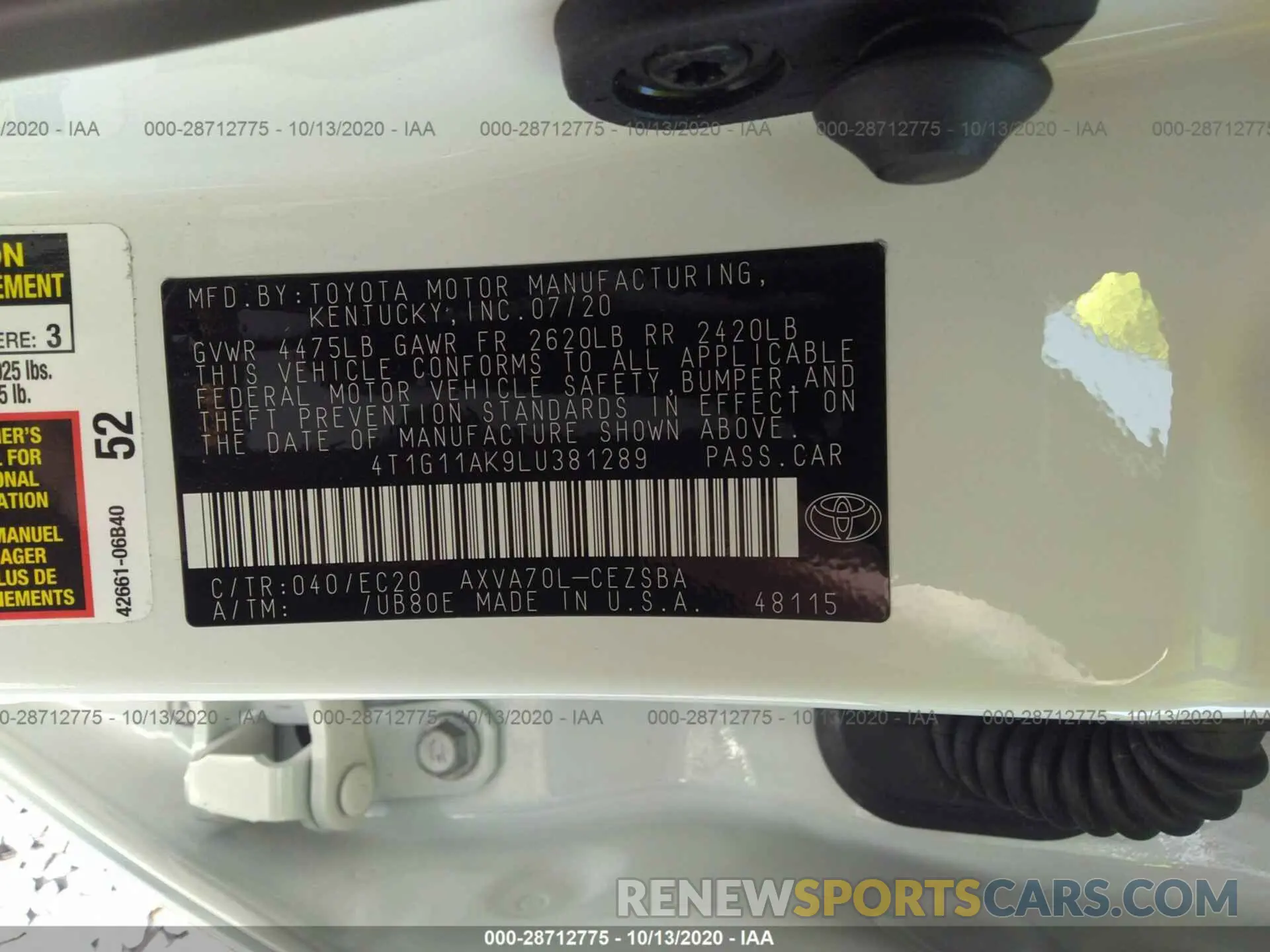 9 fotografías del automóvil dañado 4T1G11AK9LU381289 TOYOTA CAMRY 2020