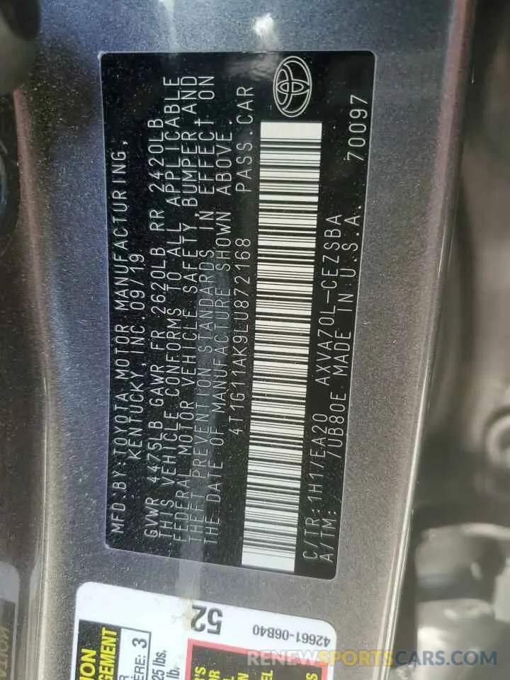 13 fotografías del automóvil dañado 4T1G11AK9LU872168 TOYOTA CAMRY 2020