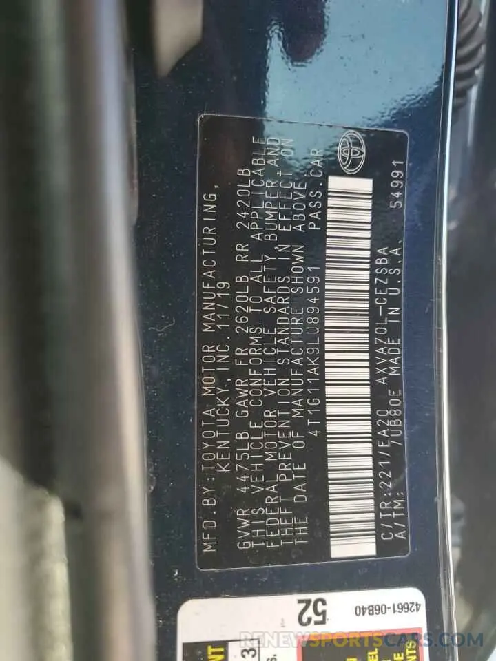 12 fotografías del automóvil dañado 4T1G11AK9LU894591 TOYOTA CAMRY 2020