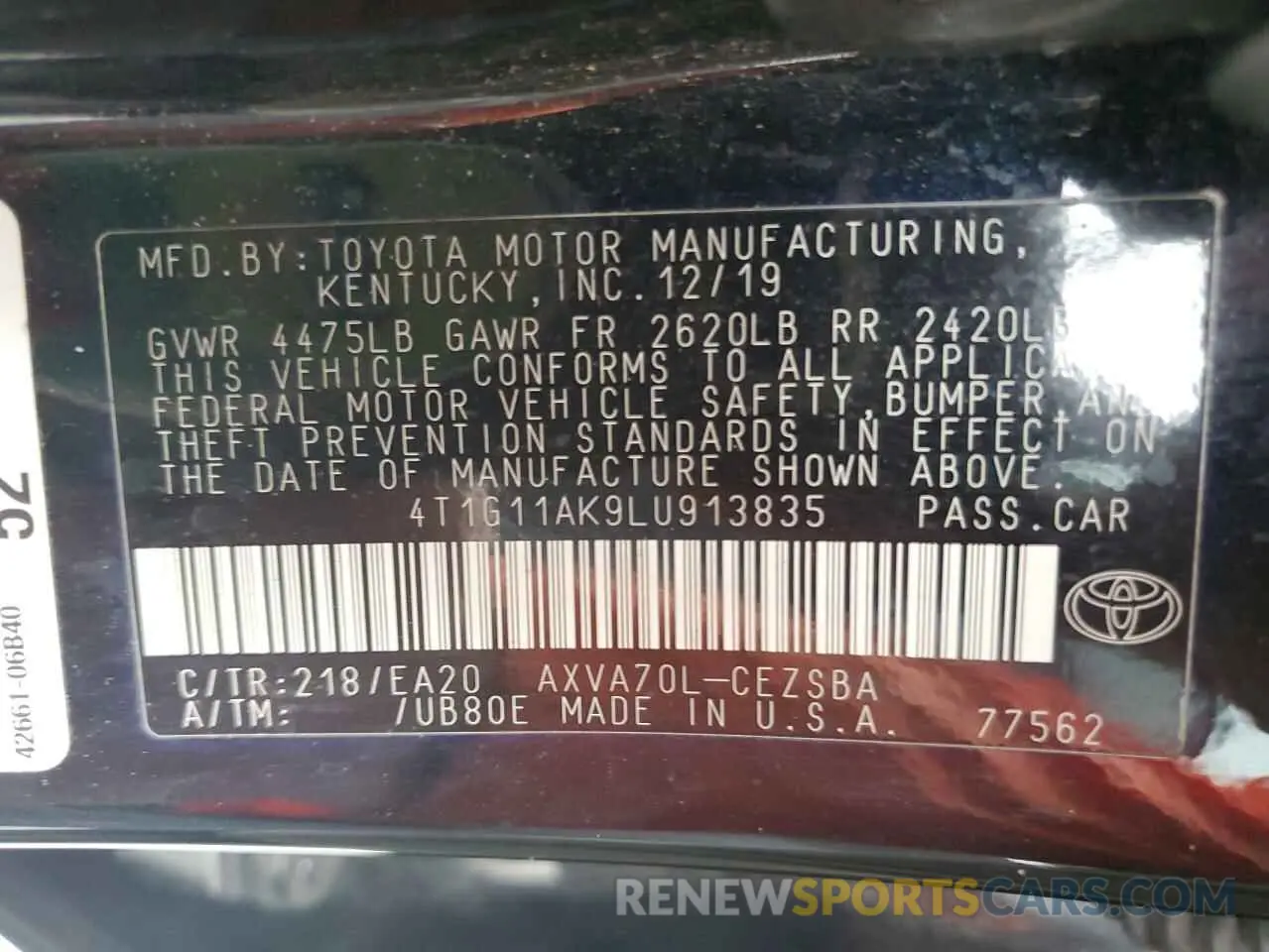 12 fotografías del automóvil dañado 4T1G11AK9LU913835 TOYOTA CAMRY 2020