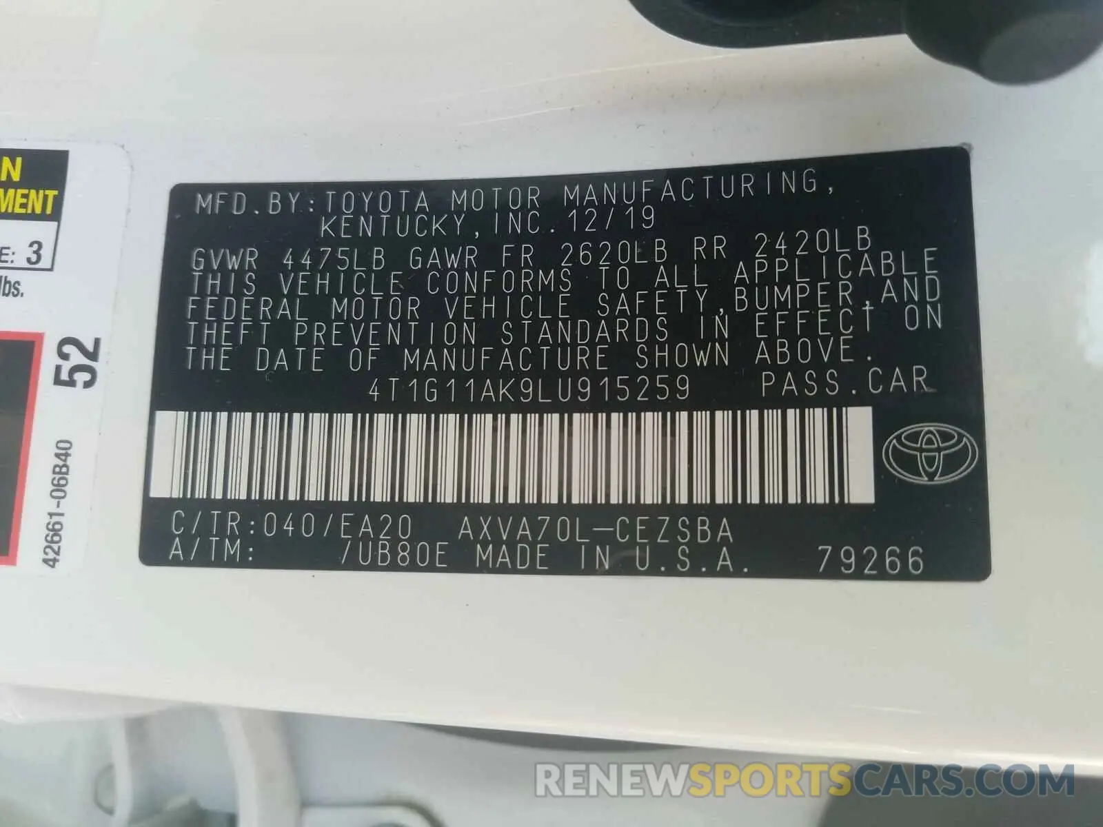 10 fotografías del automóvil dañado 4T1G11AK9LU915259 TOYOTA CAMRY 2020