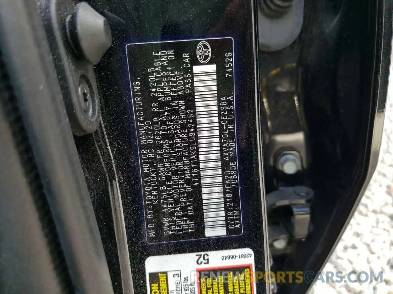 10 fotografías del automóvil dañado 4T1G11AK9LU942462 TOYOTA CAMRY 2020