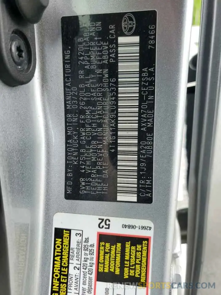 12 fotografías del automóvil dañado 4T1G11AK9LU945376 TOYOTA CAMRY 2020
