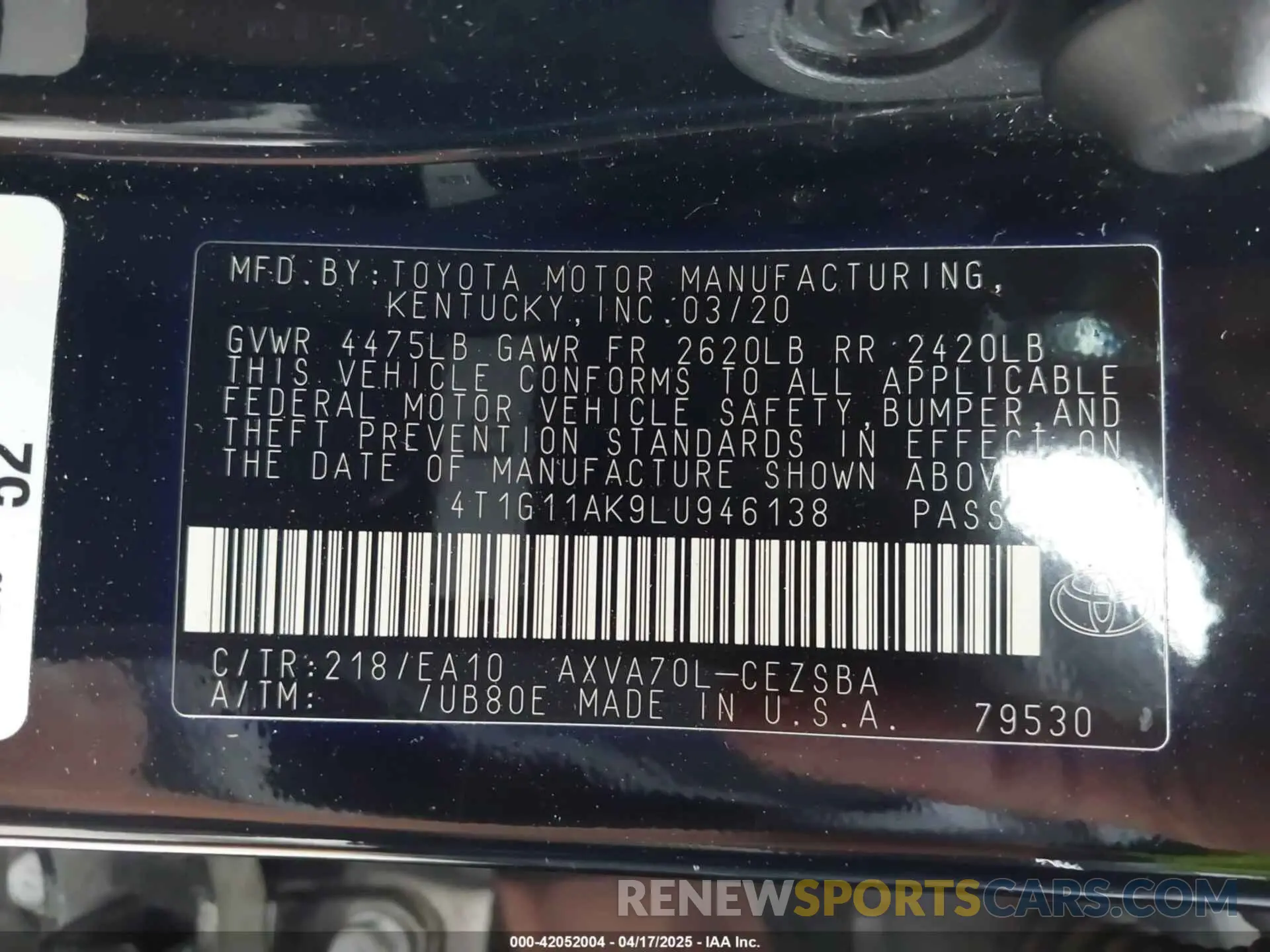 9 fotografías del automóvil dañado 4T1G11AK9LU946138 TOYOTA CAMRY 2020