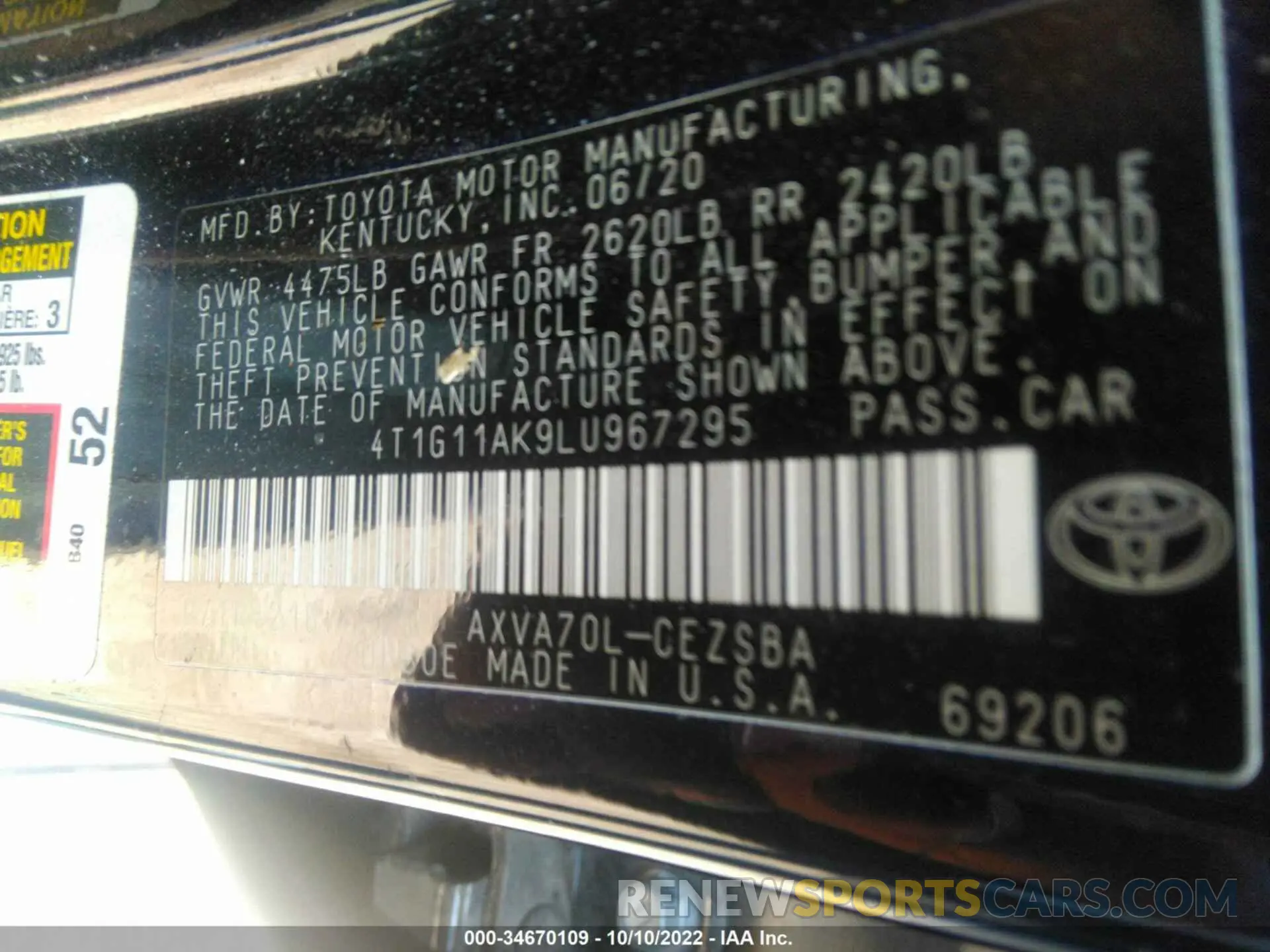 9 fotografías del automóvil dañado 4T1G11AK9LU967295 TOYOTA CAMRY 2020