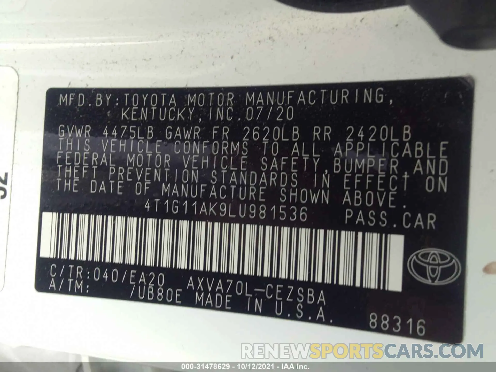 9 fotografías del automóvil dañado 4T1G11AK9LU981536 TOYOTA CAMRY 2020