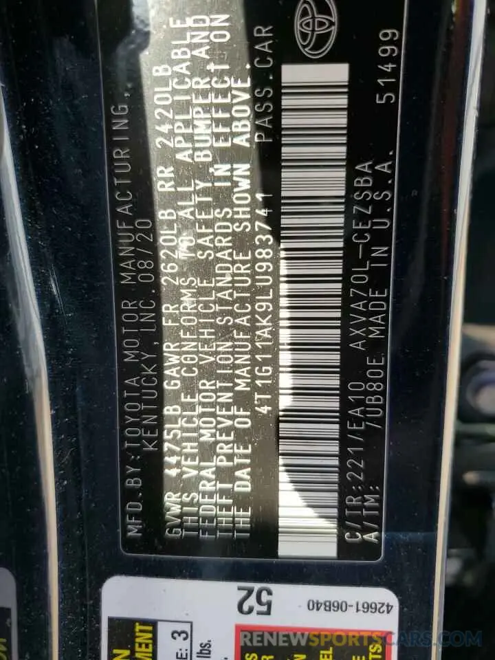 15 fotografías del automóvil dañado 4T1G11AK9LU983741 TOYOTA CAMRY 2020