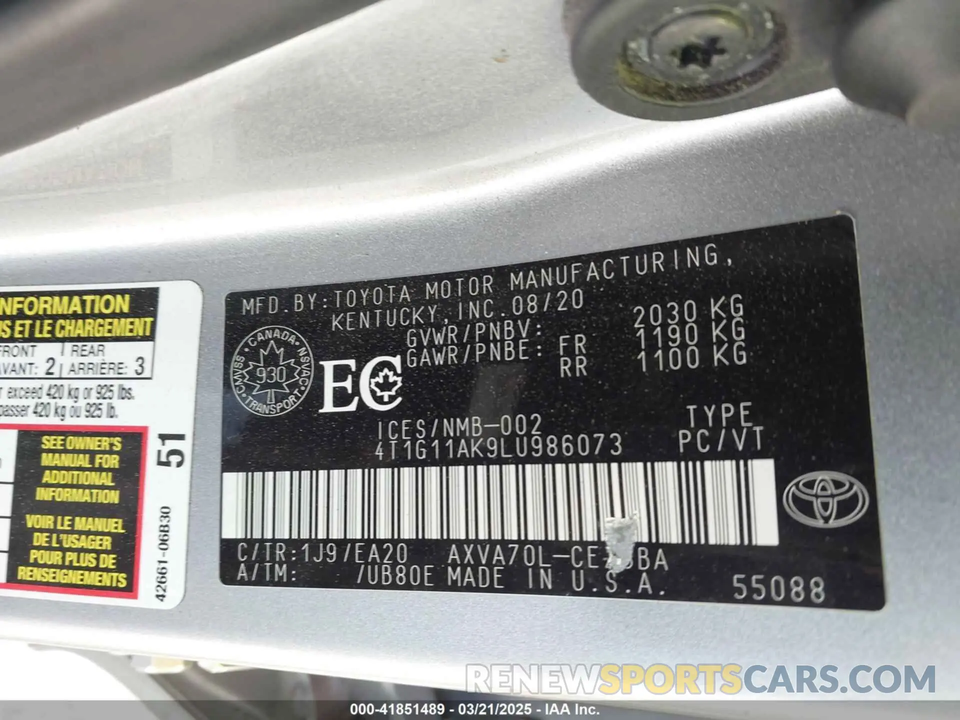 9 fotografías del automóvil dañado 4T1G11AK9LU986073 TOYOTA CAMRY 2020
