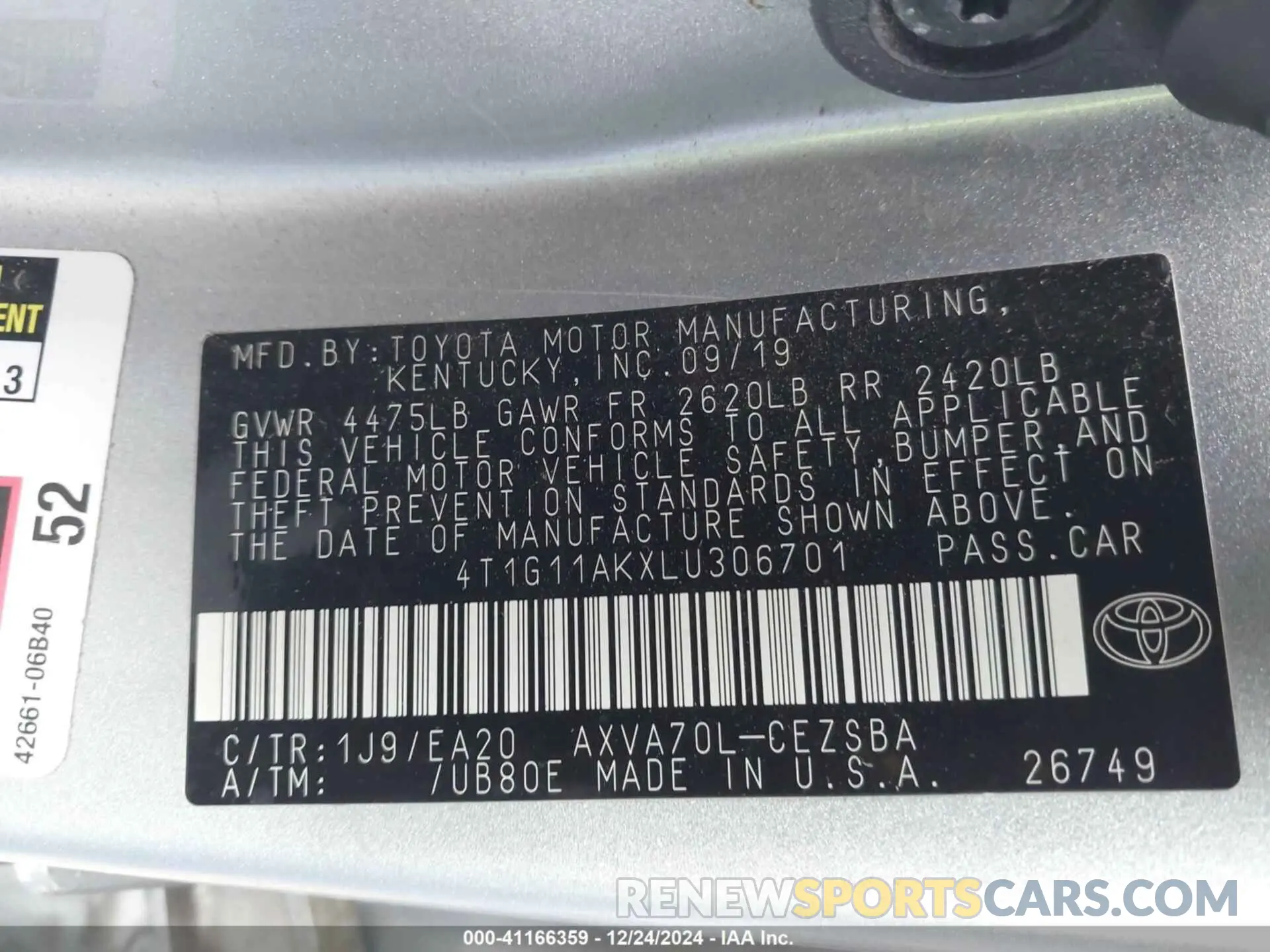 9 fotografías del automóvil dañado 4T1G11AKXLU306701 TOYOTA CAMRY 2020