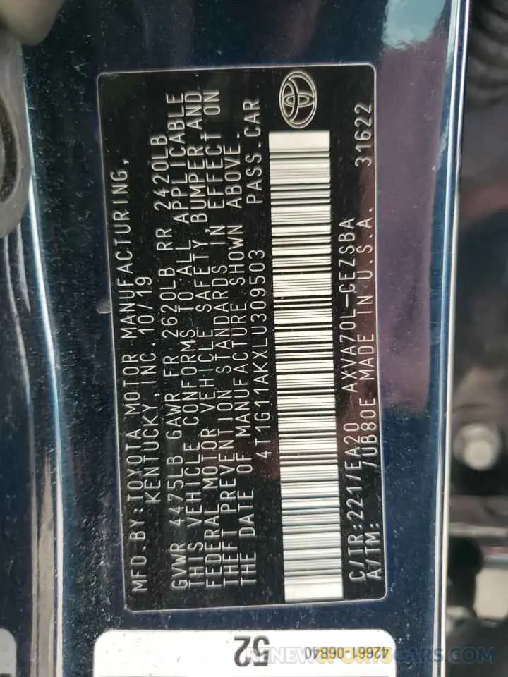 10 fotografías del automóvil dañado 4T1G11AKXLU309503 TOYOTA CAMRY 2020