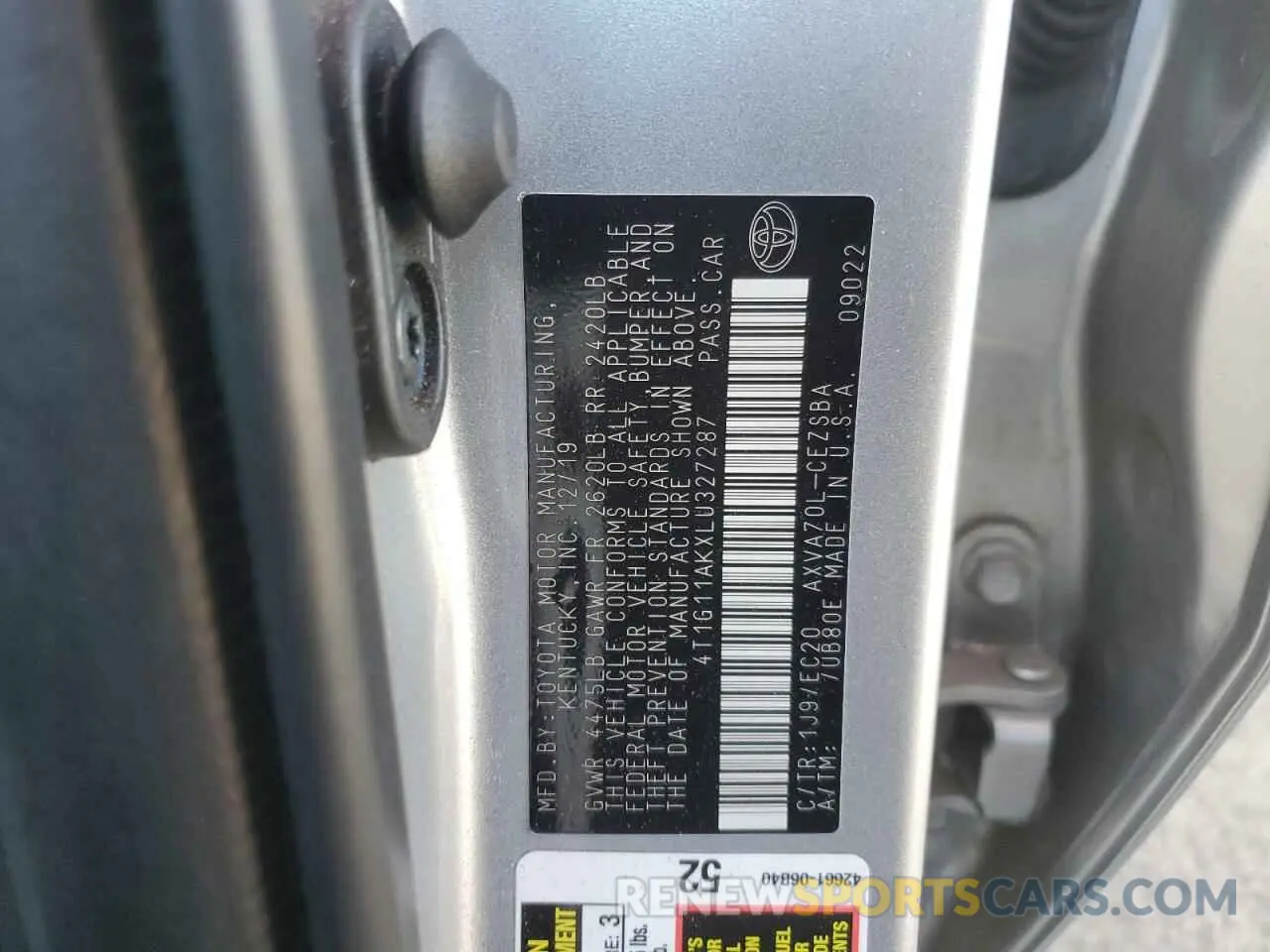 12 fotografías del automóvil dañado 4T1G11AKXLU327287 TOYOTA CAMRY 2020
