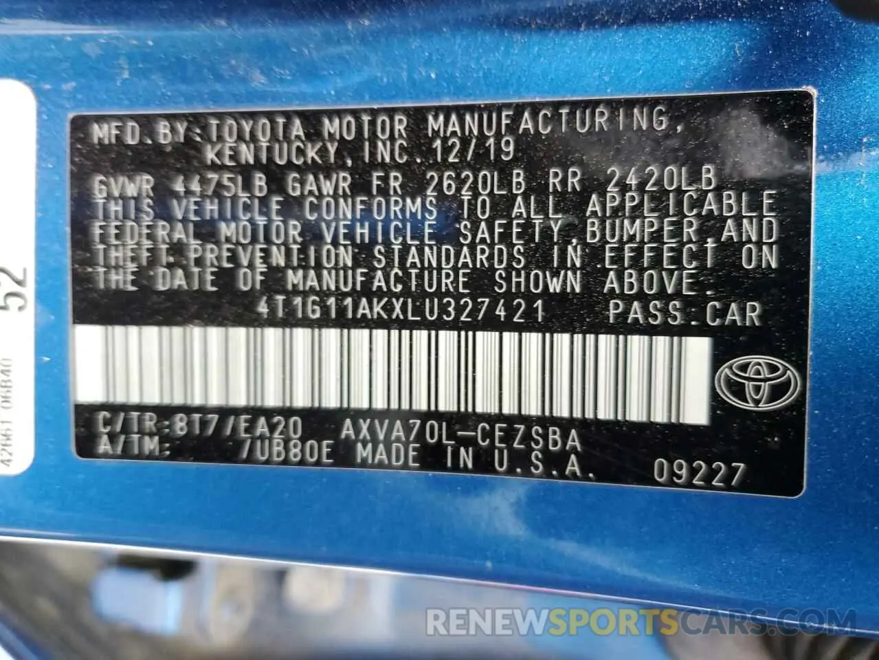 13 fotografías del automóvil dañado 4T1G11AKXLU327421 TOYOTA CAMRY 2020