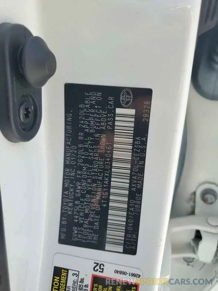13 fotografías del automóvil dañado 4T1G11AKXLU340461 TOYOTA CAMRY 2020