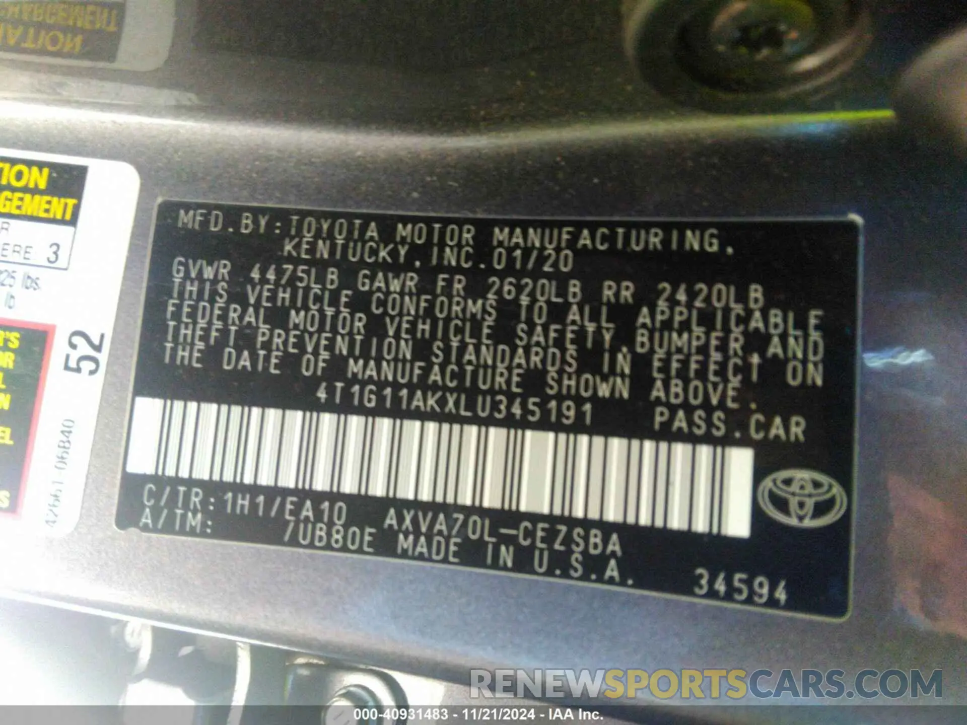 9 fotografías del automóvil dañado 4T1G11AKXLU345191 TOYOTA CAMRY 2020