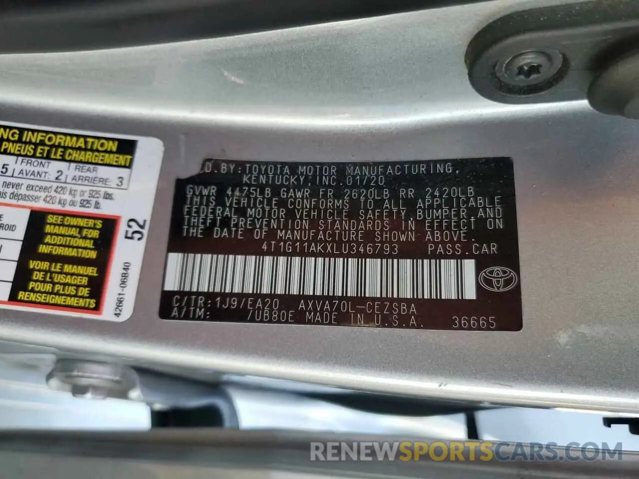 12 fotografías del automóvil dañado 4T1G11AKXLU346793 TOYOTA CAMRY 2020